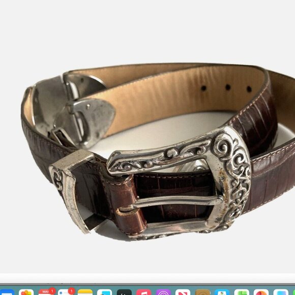 BRIGHTON Brown Pressed croc Leather belt with Silver hardware Size M - Picture 5 of 16